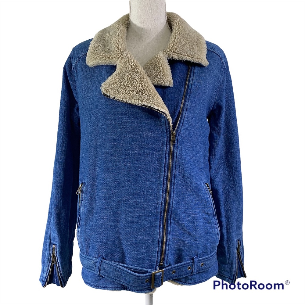 Bella Dahl Blue Denim Coat Asymmetrical Zipper Faux Sherpa Lined Womens Size S